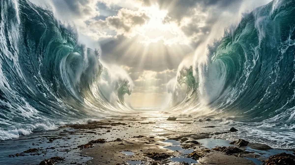 Achoura : la mer qui s’ouvre en deux murs de vagues sous un ciel lumineux, rappel du salut de Moussa