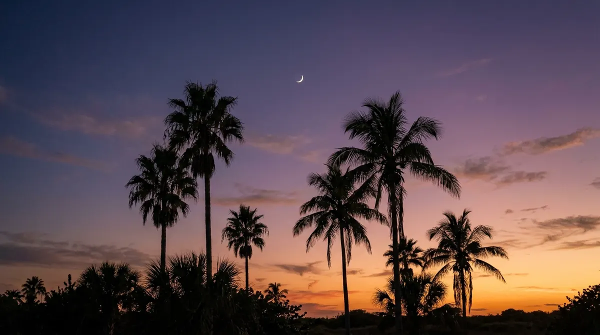 Croissant de lune fin au-dessus de palmiers au crépuscule, début du mois de Muharram