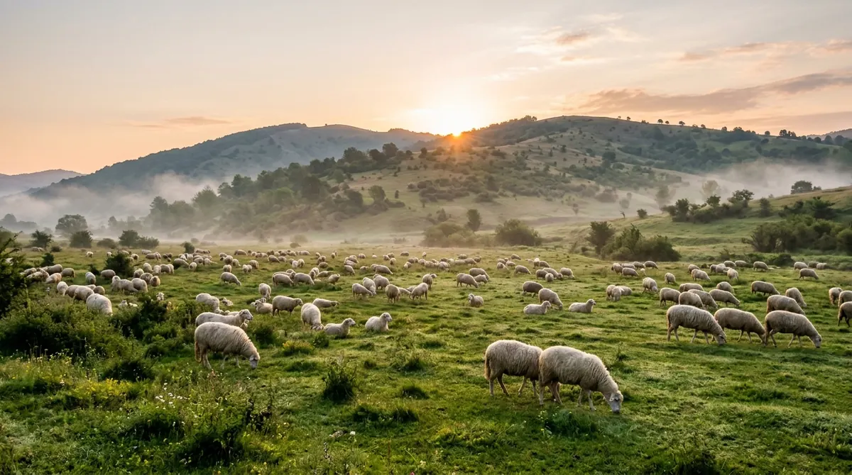 Moutons dans un pré vert au pied d’une colline, au lever du jour