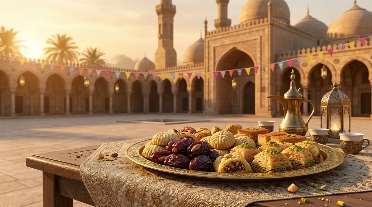 Aïd el-Fitr : plateau de dattes et de pâtisseries orientales devant une mosquée au lever du soleil
