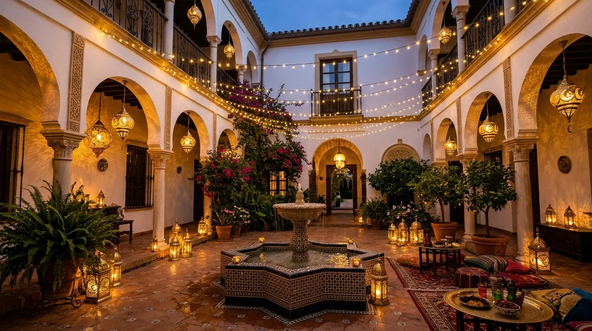 Lanternes dorées et guirlandes lumineuses décorant une cour de maison pour la fête de l’Aïd