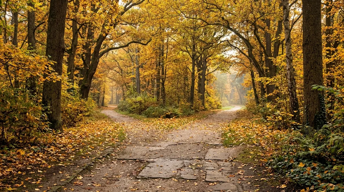 Chemin de jardin qui se sépare en deux allées bordées d’arbres en automne