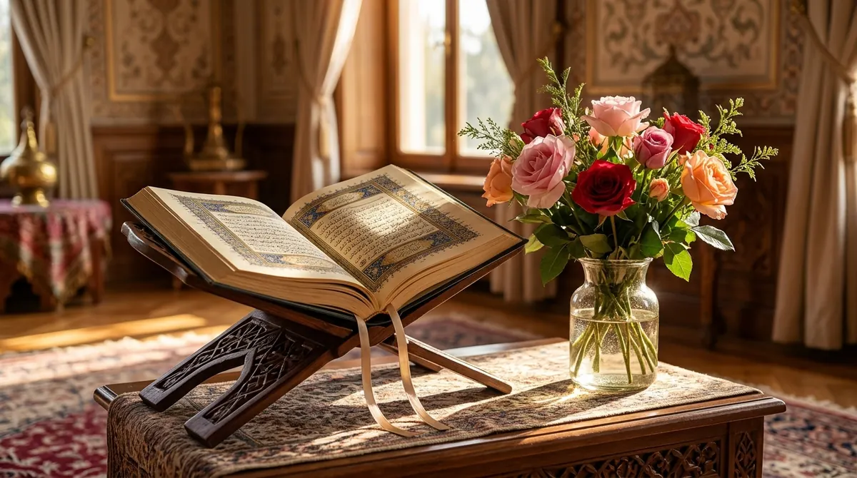 La femme en islam : Coran ouvert à la sourate An-Nisa sur un pupitre, roses et lumière dorée
