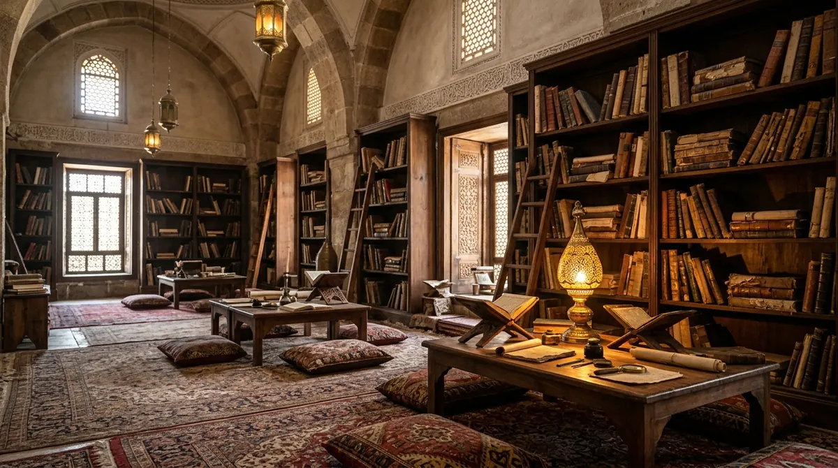 Bibliothèque d’une mosquée avec des livres anciens et une lampe, symbole du savoir ouvert aux femmes