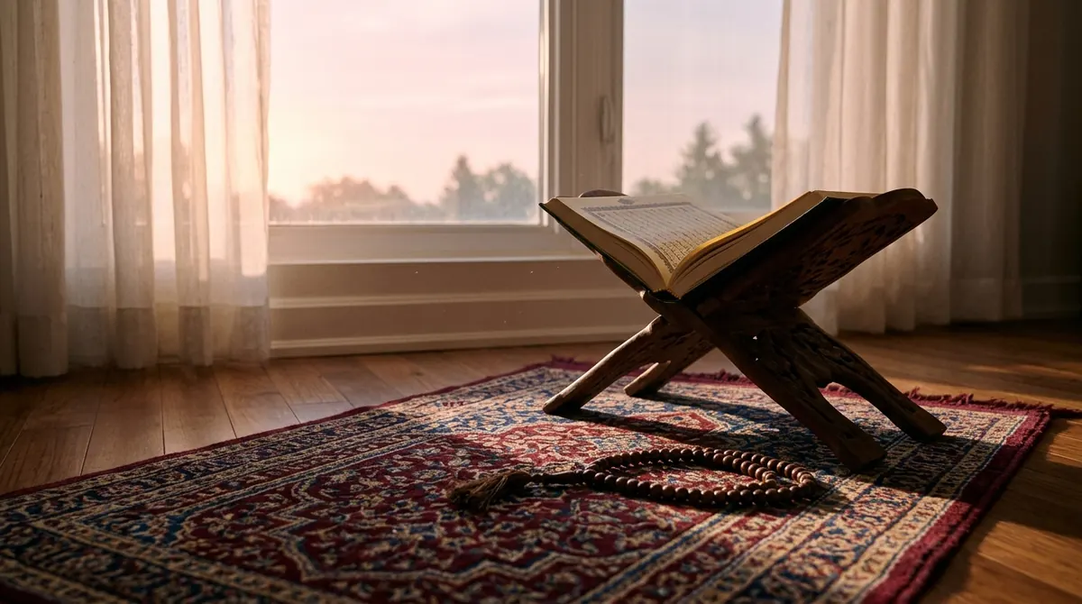 Femme pieuse en islam : tapis de prière, Coran ouvert et chapelet près d’une fenêtre au lever du jour