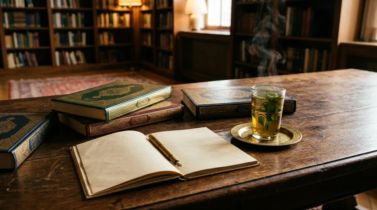 Livres islamiques, carnet et tasse de thé sur une table en bois, symbole de la recherche du savoir