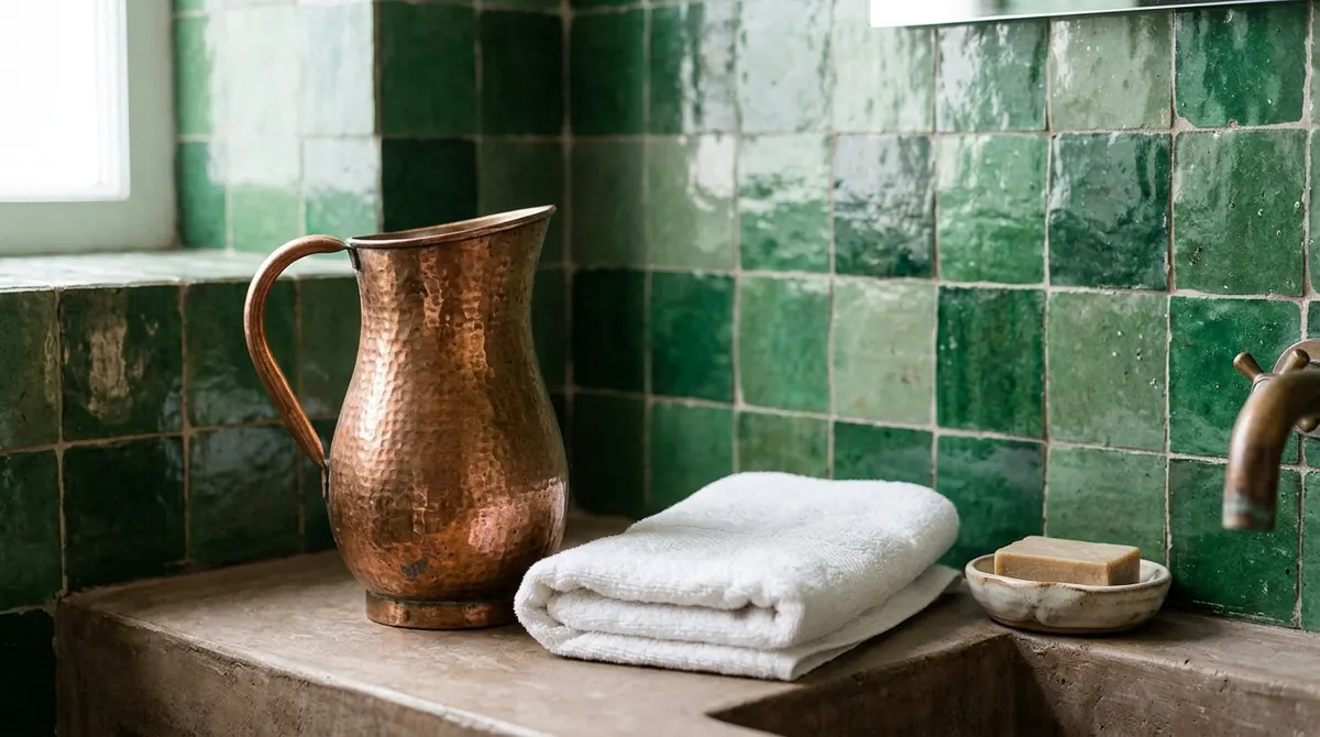 Ghusl : carafe d’eau en cuivre et serviette blanche dans une salle d’eau en zellige vert