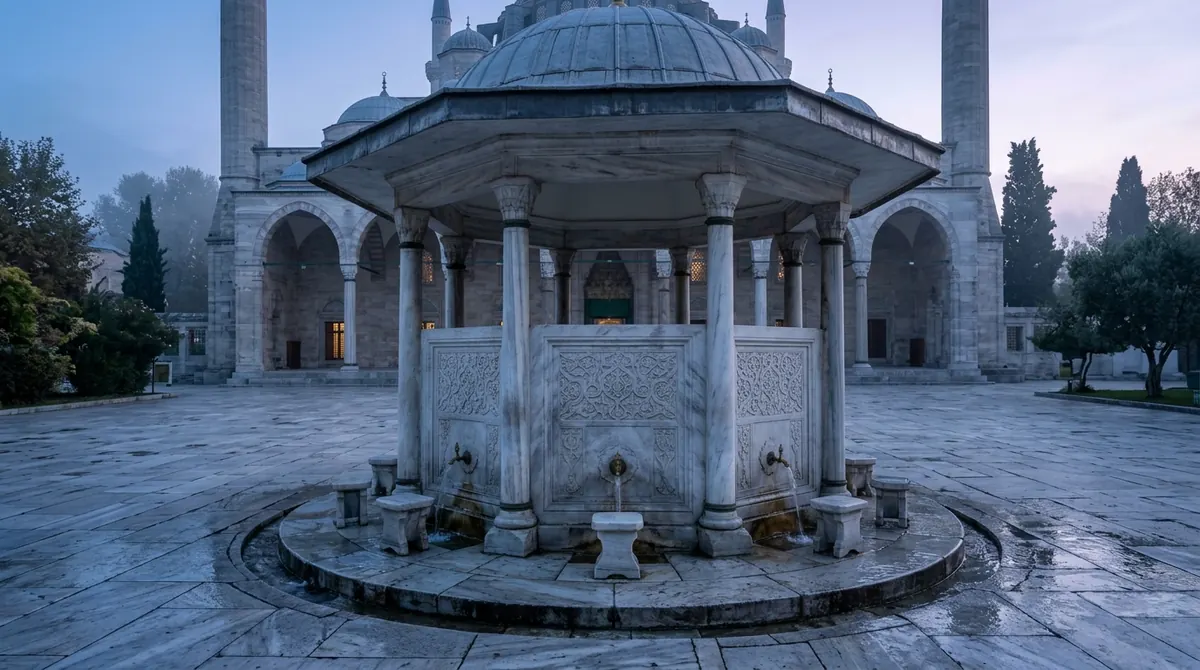 Mosquée au petit matin avec une fontaine d’ablutions en marbre