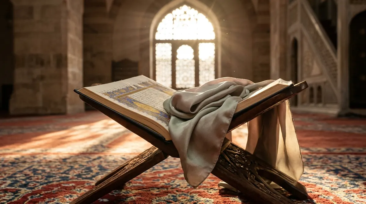 Hijab en islam : foulard plié posé sur un Coran ouvert près d’une fenêtre de mosquée