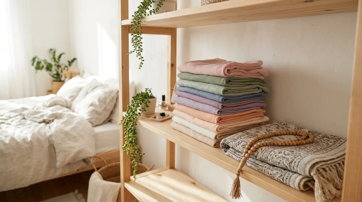 Foulards de couleurs douces rangés dans une chambre lumineuse, tapis de prière et chapelet