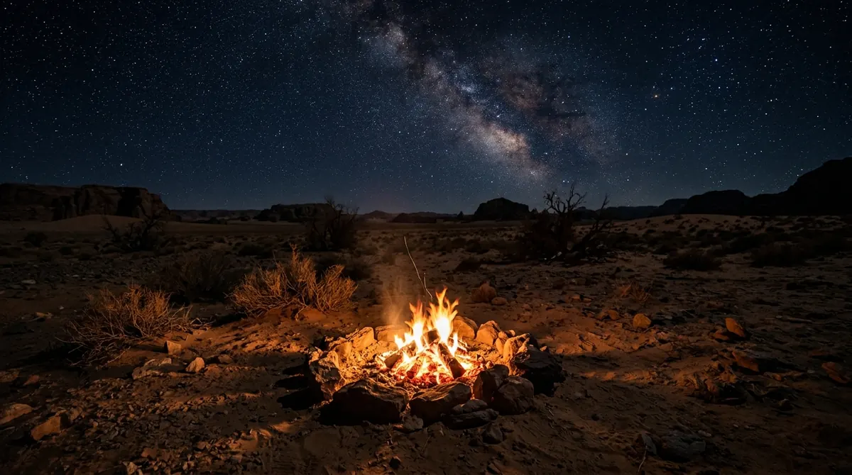 Djinns en islam : désert la nuit avec un feu de camp sans fumée et un ciel rempli d’étoiles