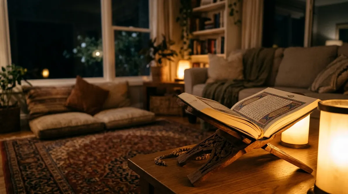 Maison éclairée la nuit avec la sourate Al-Baqara ouverte sur un pupitre dans le salon
