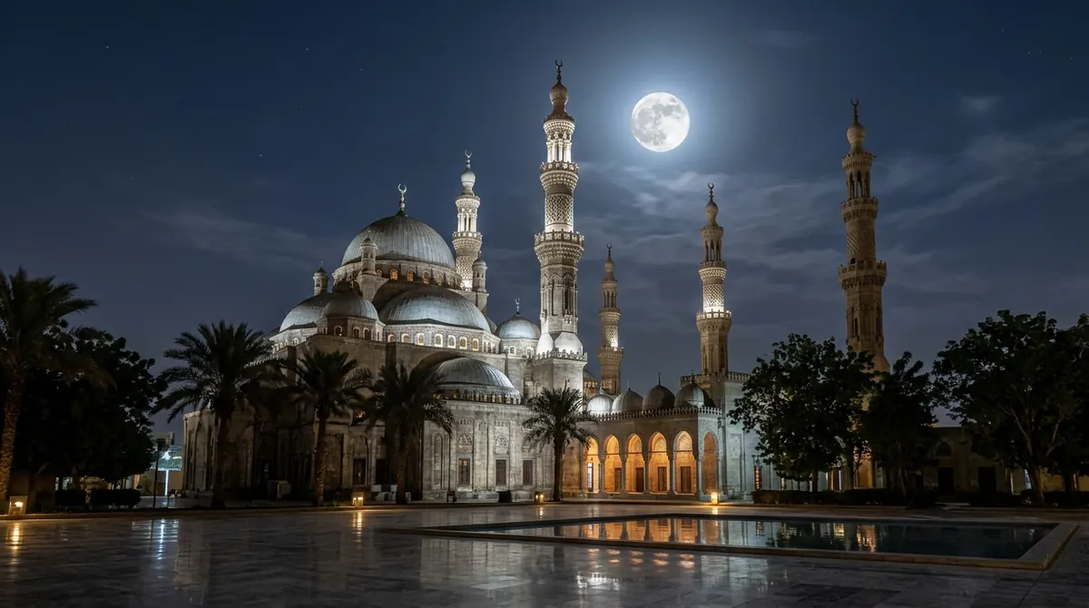 Jours blancs : pleine lune brillante au-dessus des minarets d’une mosquée la nuit