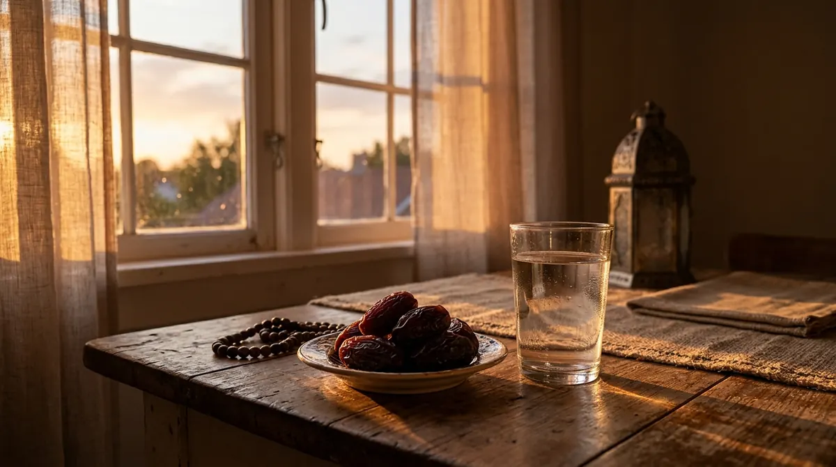 Dattes et verre d’eau sur une table au coucher du soleil, moment de la rupture du jeûne