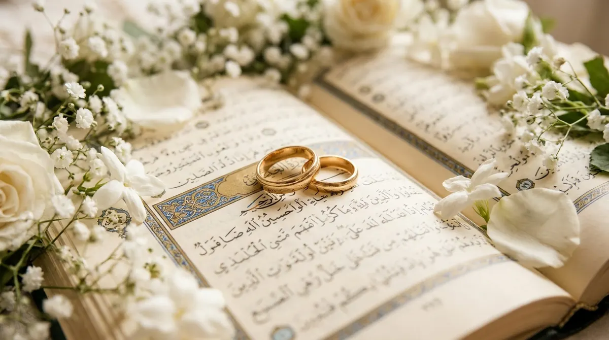 Mariage en islam : deux alliances posées sur un Coran ouvert entouré de fleurs blanches