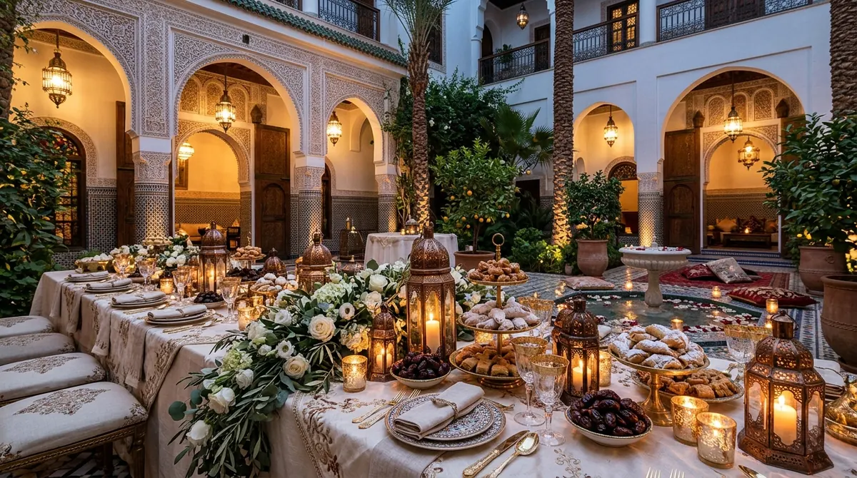 Table de fête de mariage décorée de lanternes, de dattes et de pâtisseries pour la walima