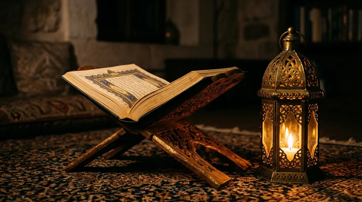 Mauvais œil en islam : Coran ouvert aux sourates Al-Falaq et An-Nas éclairé par une lanterne