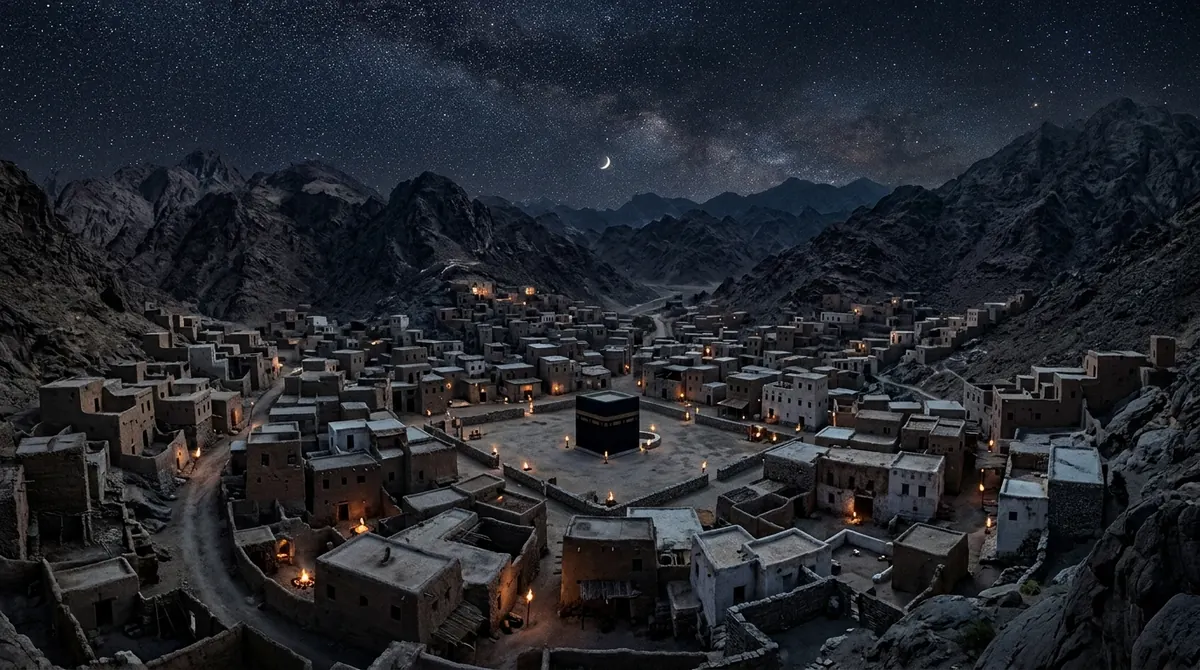 Mawlid : vue de La Mecque ancienne entourée de montagnes sous un ciel étoilé