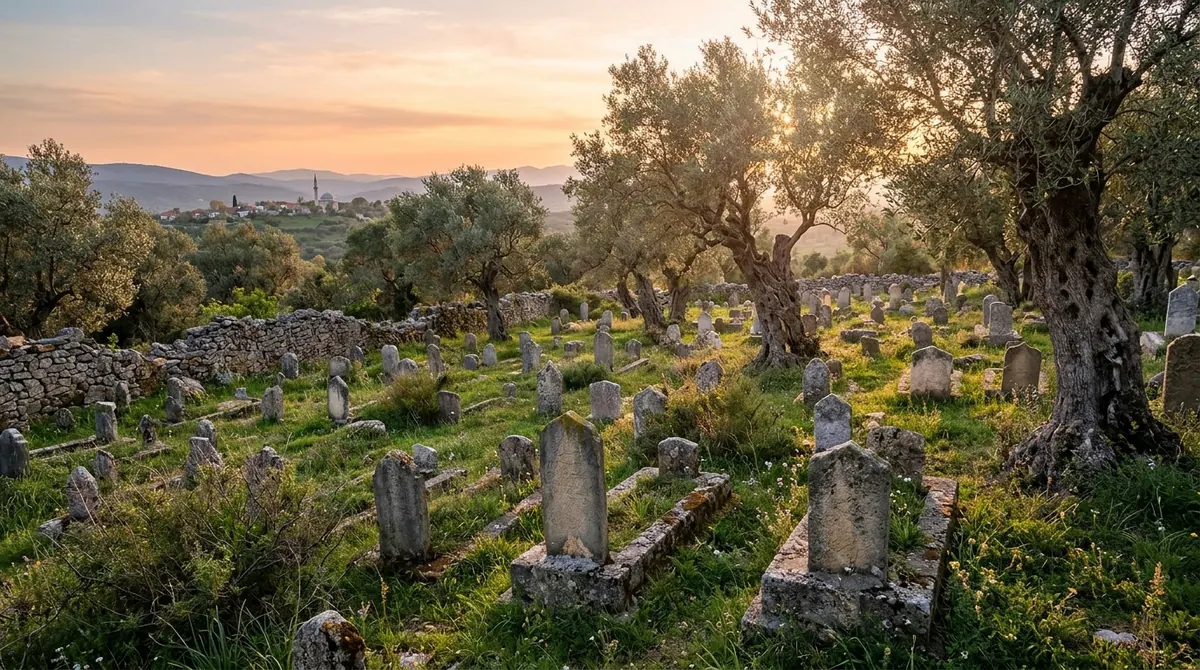 La mort en islam : cimetière musulman paisible au coucher du soleil avec des stèles simples