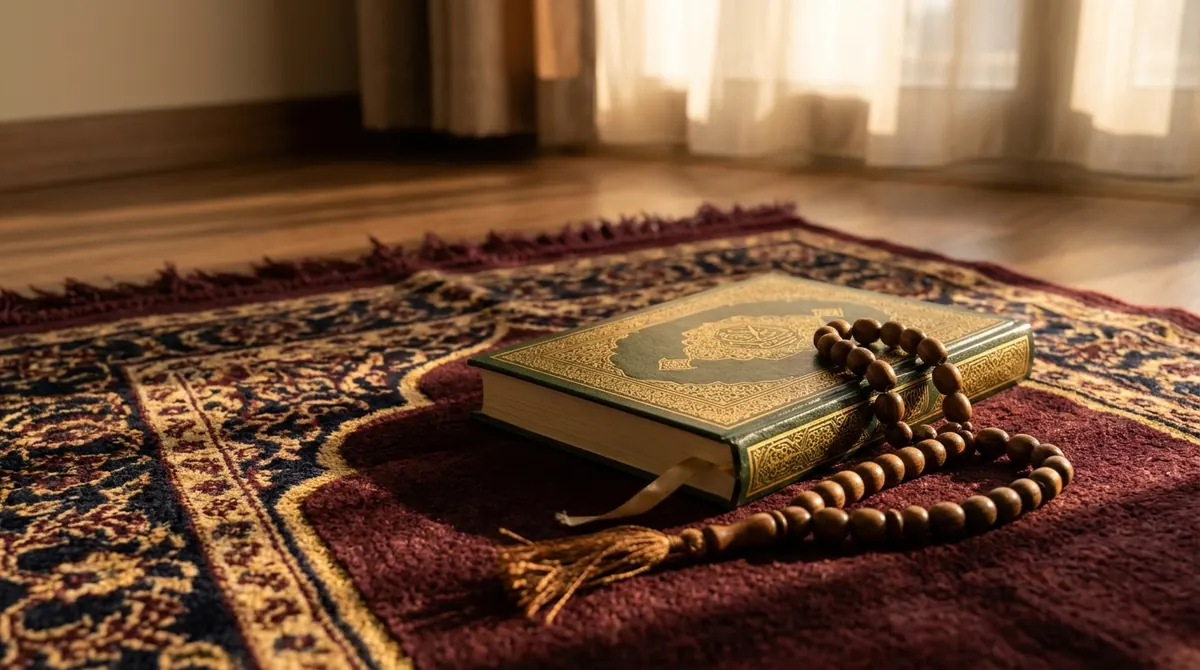 Chapelet et Coran posés sur un tapis de prière, lumière douce du soir à travers une fenêtre