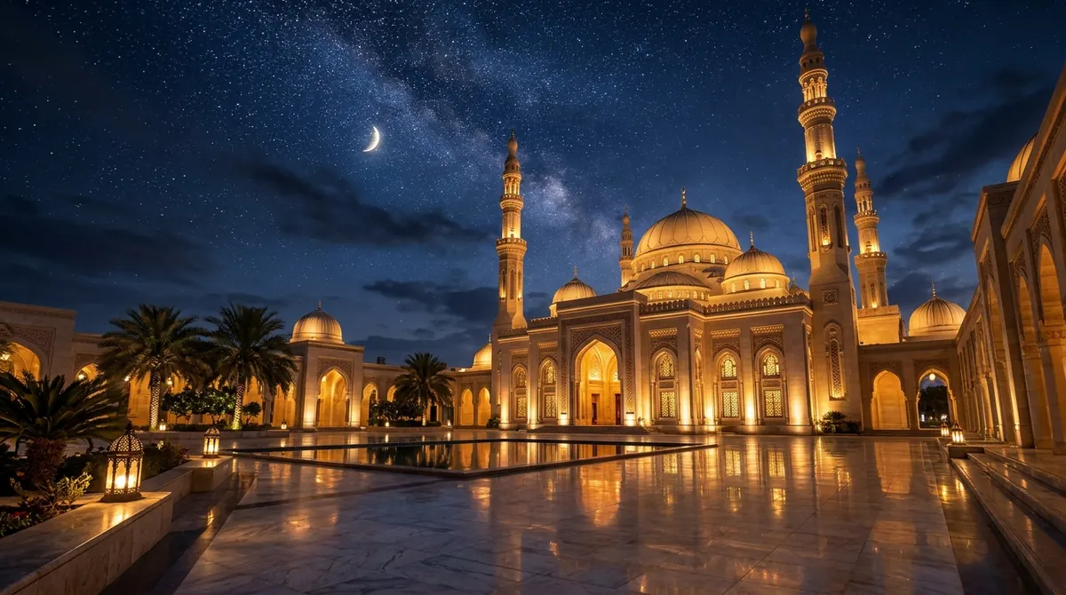 Nuit du Destin : mosquée illuminée sous un ciel étoilé pendant une nuit calme du Ramadan