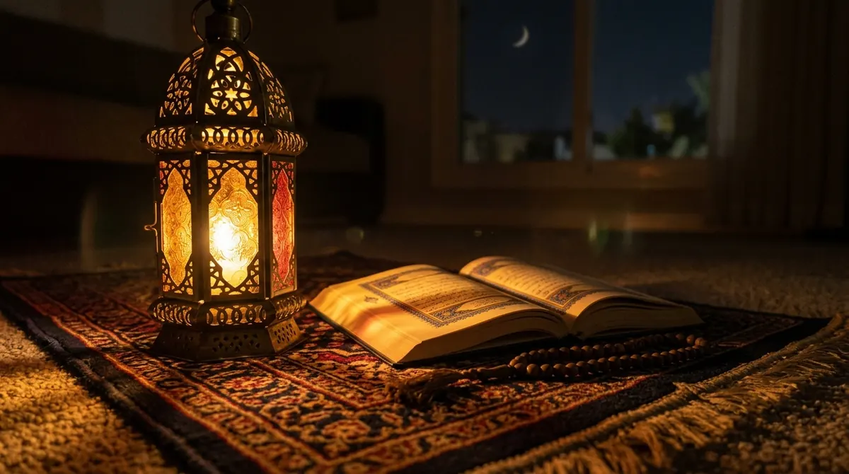 Lanterne du Ramadan allumée à côté d’un Coran et d’un chapelet sur un tapis de prière