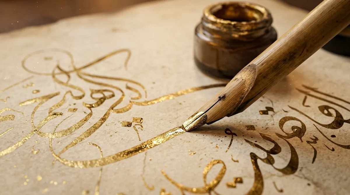 Prénom musulman : calligraphie arabe dorée sur papier ancien avec un calame et un encrier