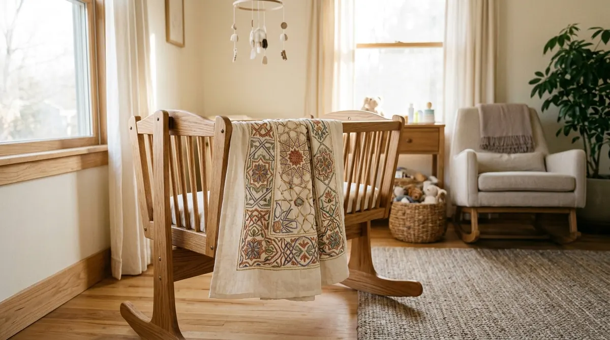 Berceau en bois et couverture brodée de motifs islamiques dans une chambre de bébé lumineuse