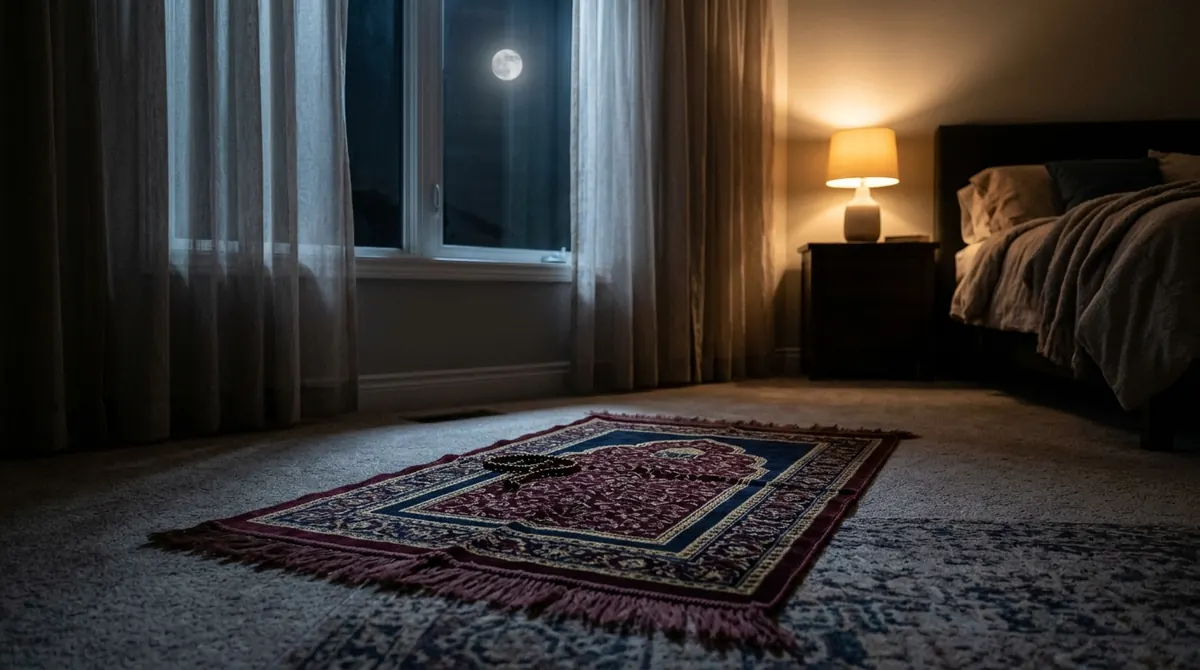 Prière du witr : tapis de prière dans une chambre la nuit, lampe douce et fenêtre sur la pleine lune