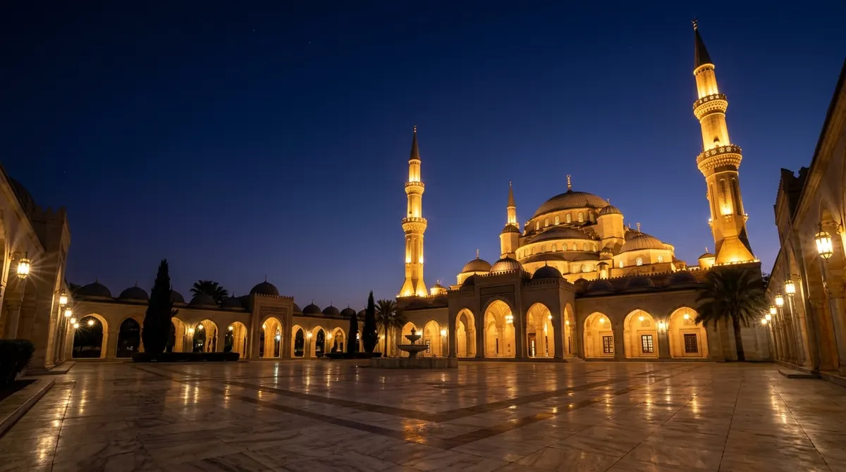Mosquée au dernier tiers de la nuit, ciel bleu nuit avant l’aube et minaret éclairé