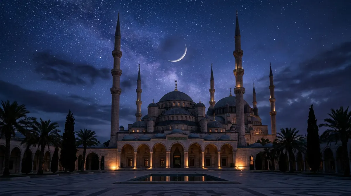 Rêve en islam : ciel étoilé et croissant de lune au-dessus d’une mosquée endormie