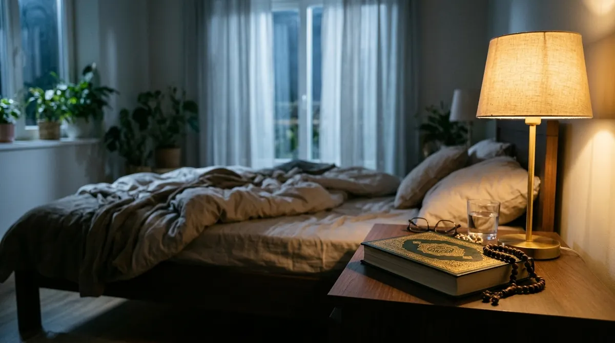 Chambre paisible la nuit avec un Coran posé sur la table de chevet et une lumière douce