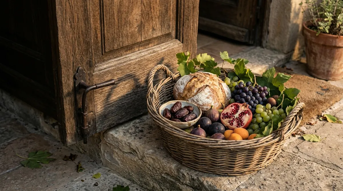 Sadaqa : panier de dattes, de pain et de fruits offert devant la porte d’une maison