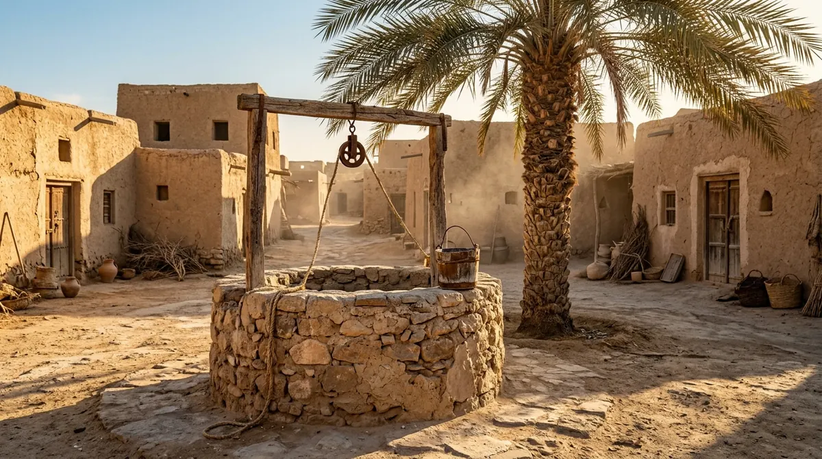 Puits en pierre au milieu d’un village du désert avec un palmier, symbole de la sadaqa jariya