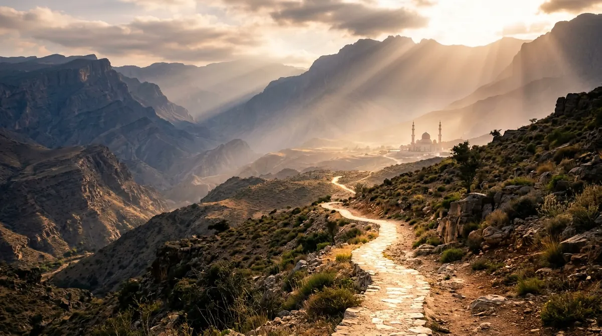 Shirk : un chemin unique et lumineux qui mène vers une mosquée au loin dans un paysage de montagne