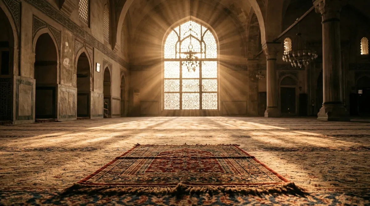 Tapis de prière tourné vers une fenêtre de mosquée traversée de rayons de lumière dorée