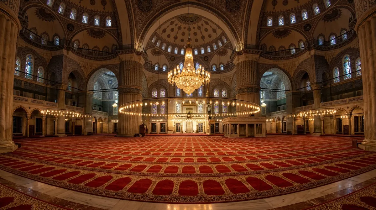 Prière de tarawih : intérieur de mosquée éclairé la nuit pendant le Ramadan, rangées de tapis