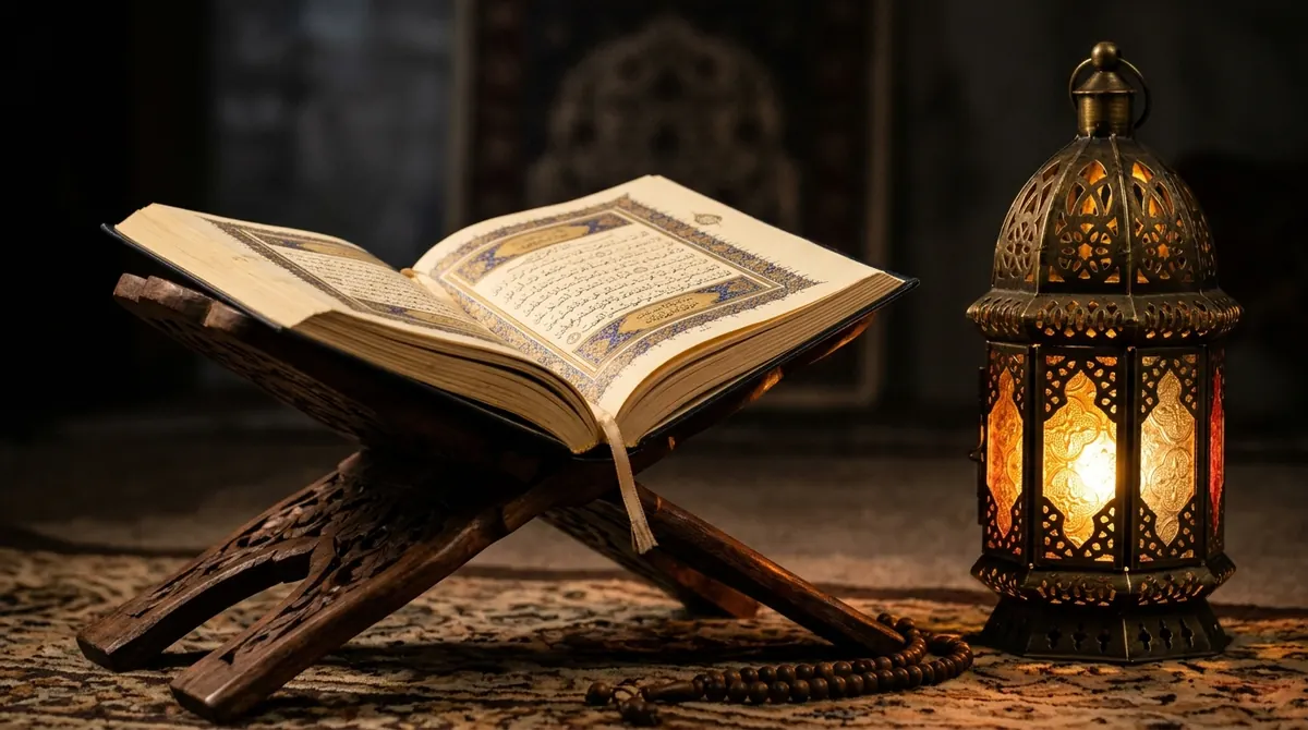 Coran ouvert sur un pupitre en bois avec lanterne du Ramadan allumée