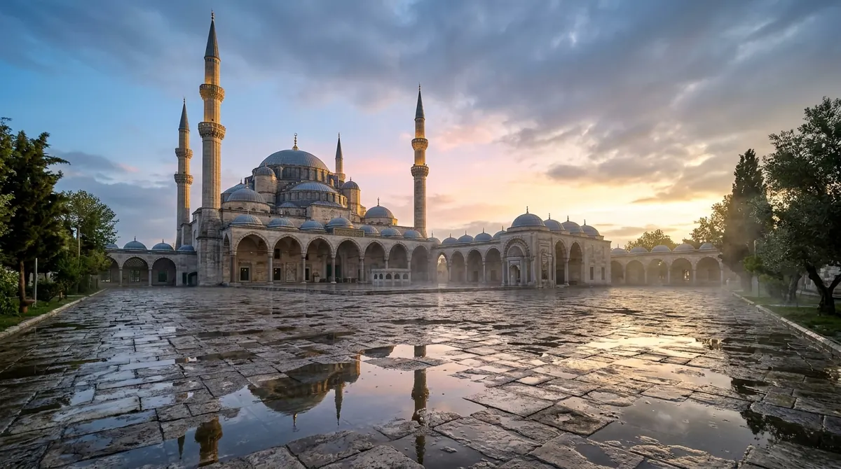 Tawba : aube qui se lève sur une mosquée après une nuit de pluie, ciel qui s’éclaircit
