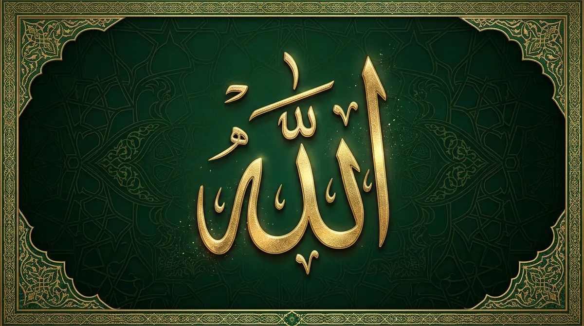 Tawhid : calligraphie arabe « Allah » en or sur fond vert profond avec motifs géométriques