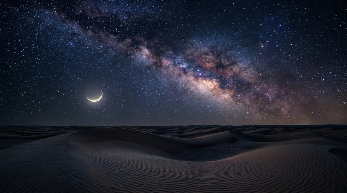 Ciel nocturne immense au-dessus d’un désert de dunes, voie lactée et croissant de lune