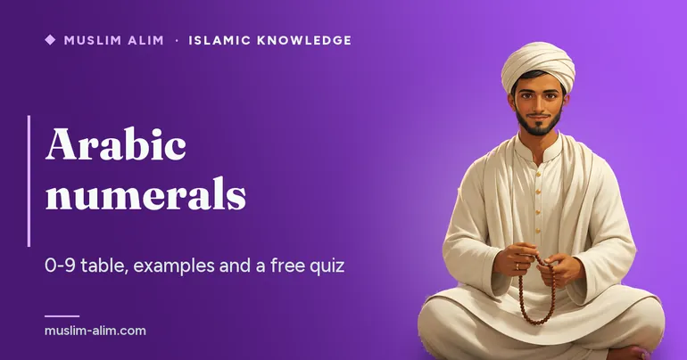 Arabic numerals from 0 to 9: a table, writing examples and a free interactive quiz, on Muslim Alim